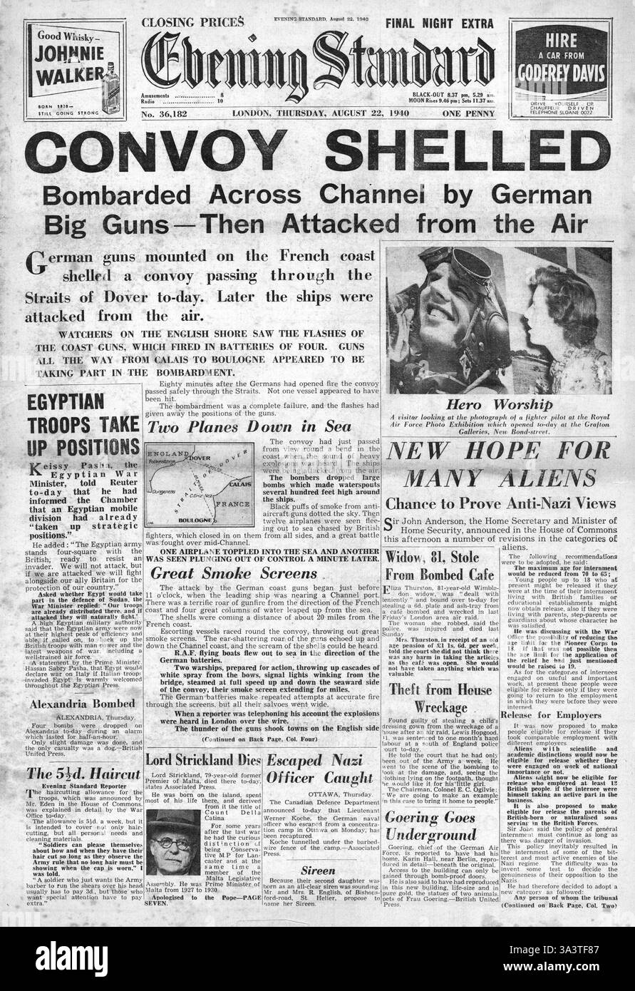 1940 front page Evening Standard canons allemands convoi britannique shell en Manche Banque D'Images