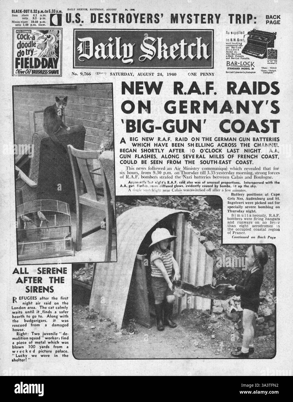 1940 première page Daily Sketch la RAF bombarde les canons allemands sur la côte française et le refuge Anderson à Londres Banque D'Images