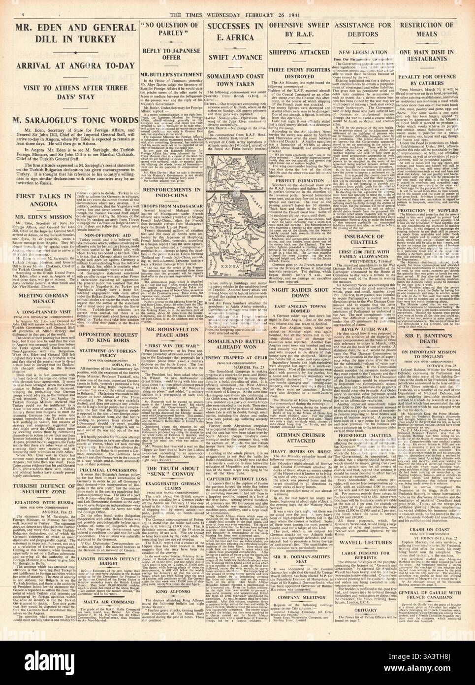 1941 page 4 le Times Anthony Eden assiste à des pourparlers en Turquie Banque D'Images 1941 page 4 le Times Anthony Eden assiste à des pourparlers en Turquie Banque D'Images