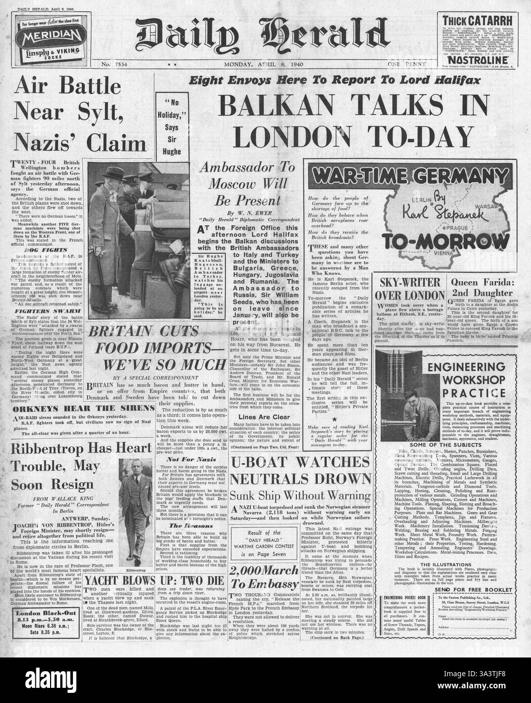 1940 première page du Daily Herald Lord Halifax et des pourparlers commerciaux des Balkans Banque D'Images