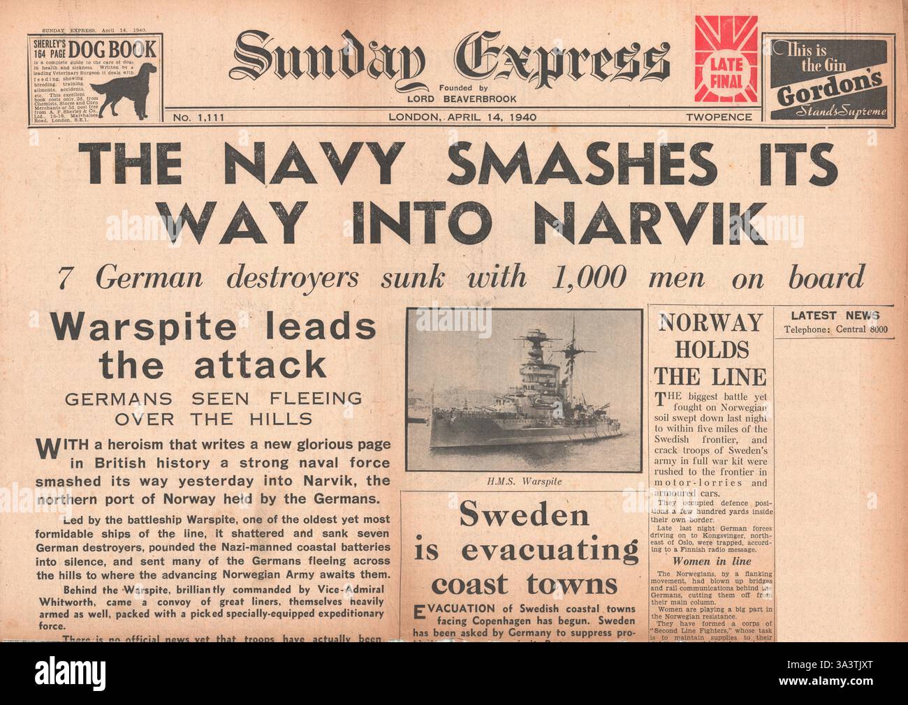 1940 front page Express dimanche les forces britanniques attaquent Narvik Banque D'Images 1940 front page Express dimanche les forces britanniques attaquent Narvik Banque D'Images