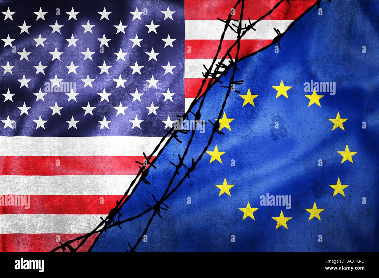 Drapeaux grunge des États-Unis et de l'UE divisés par l'illustration de fil barbelé, concept de relations tendues entre les États-Unis et l'UE sur les guerres tarifaires Banque D'Images