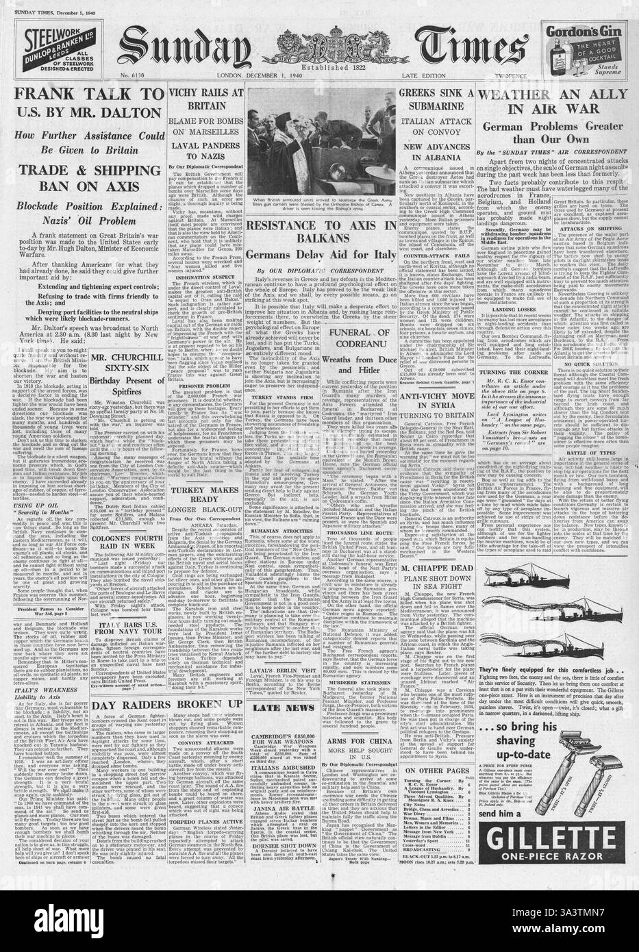 1940 première page Sunday Times U.S. en pourparlers sur le commerce et l'aide avec Hugh Dalton Banque D'Images