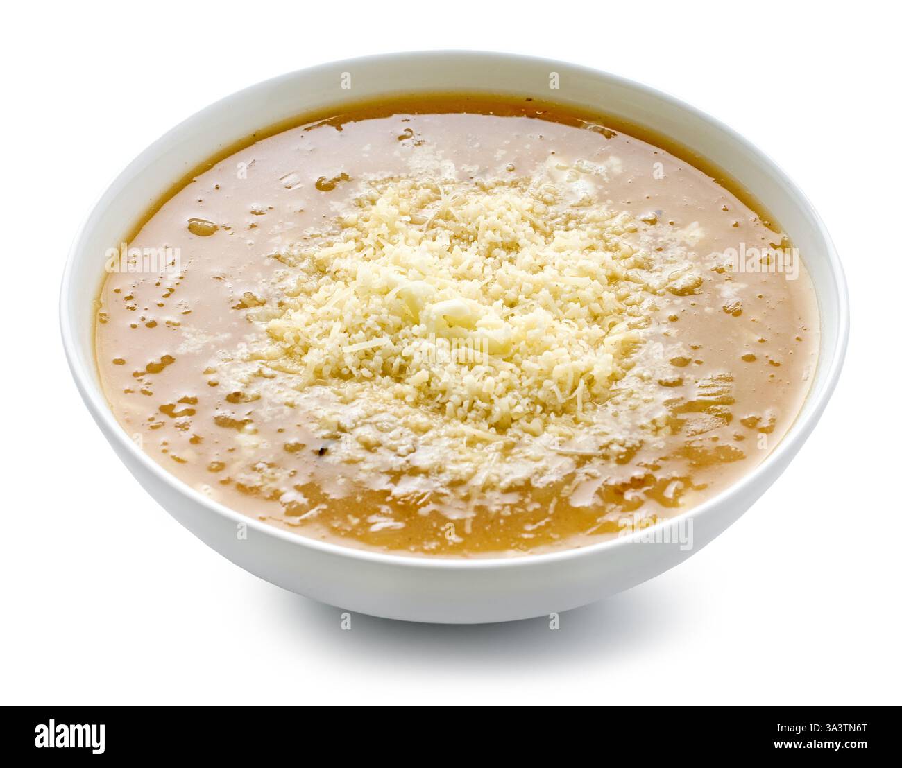 bol de soupe à l'oignon français avec du fromage isolé sur fond blanc Banque D'Images