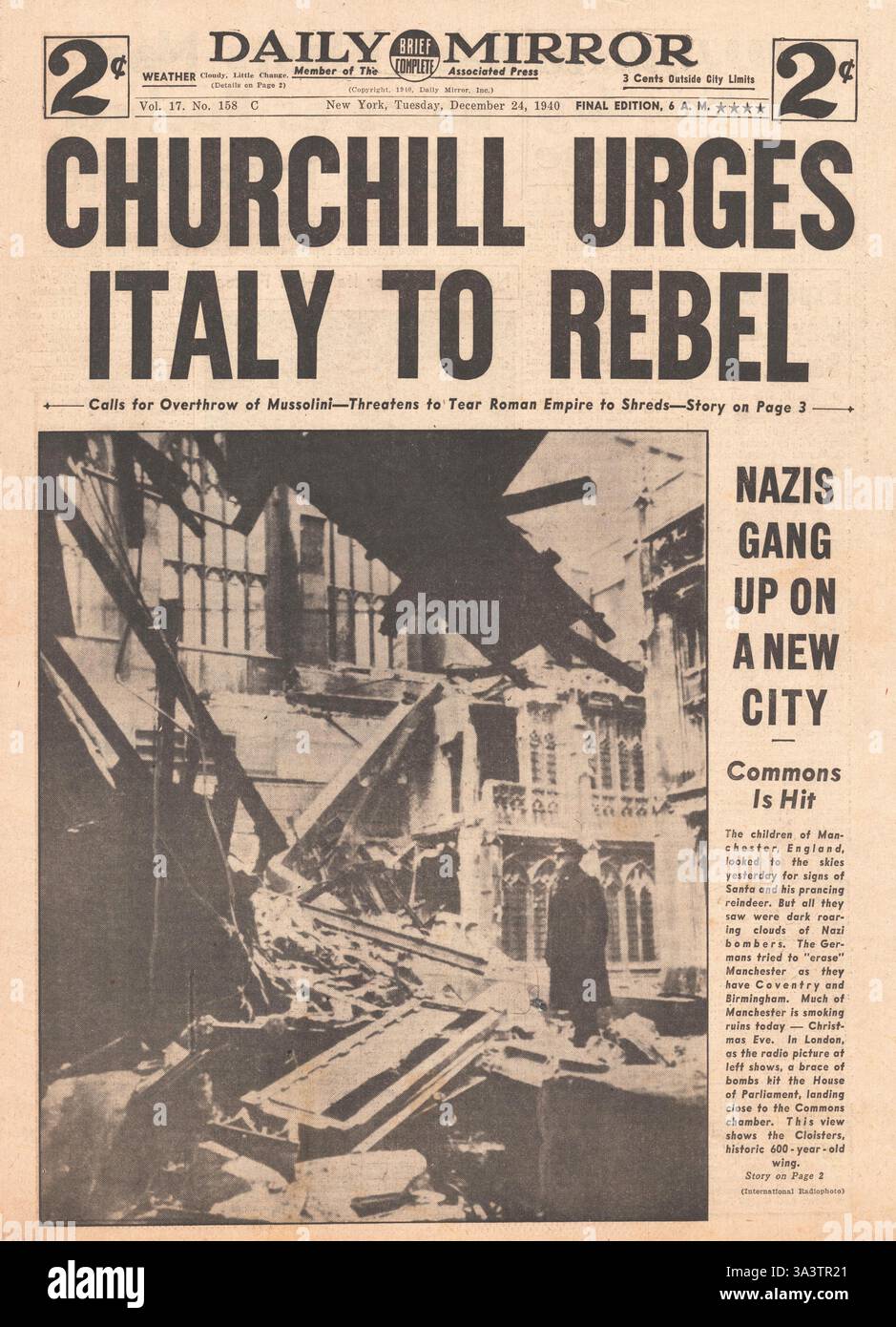 1940 front page Daily Mirror (New York) Churchill demande à l'Italie de Mussolini l'oust Banque D'Images