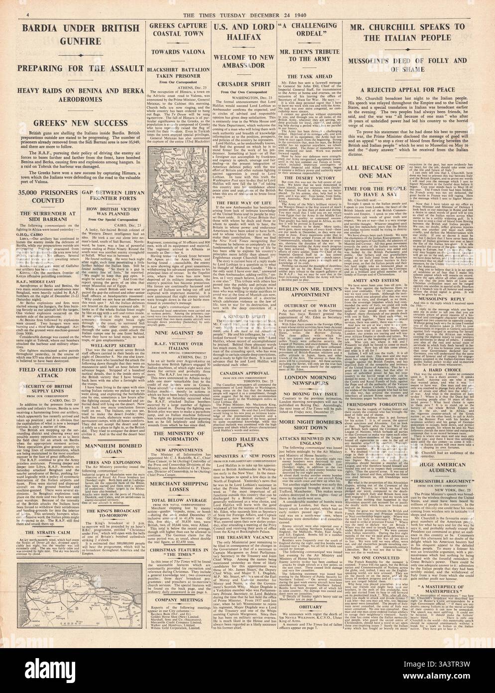 1940 page 4 le Times Churchill demande à l'Italie d'évincer Mussolini et Bardia tombe sous les tirs britanniques Banque D'Images