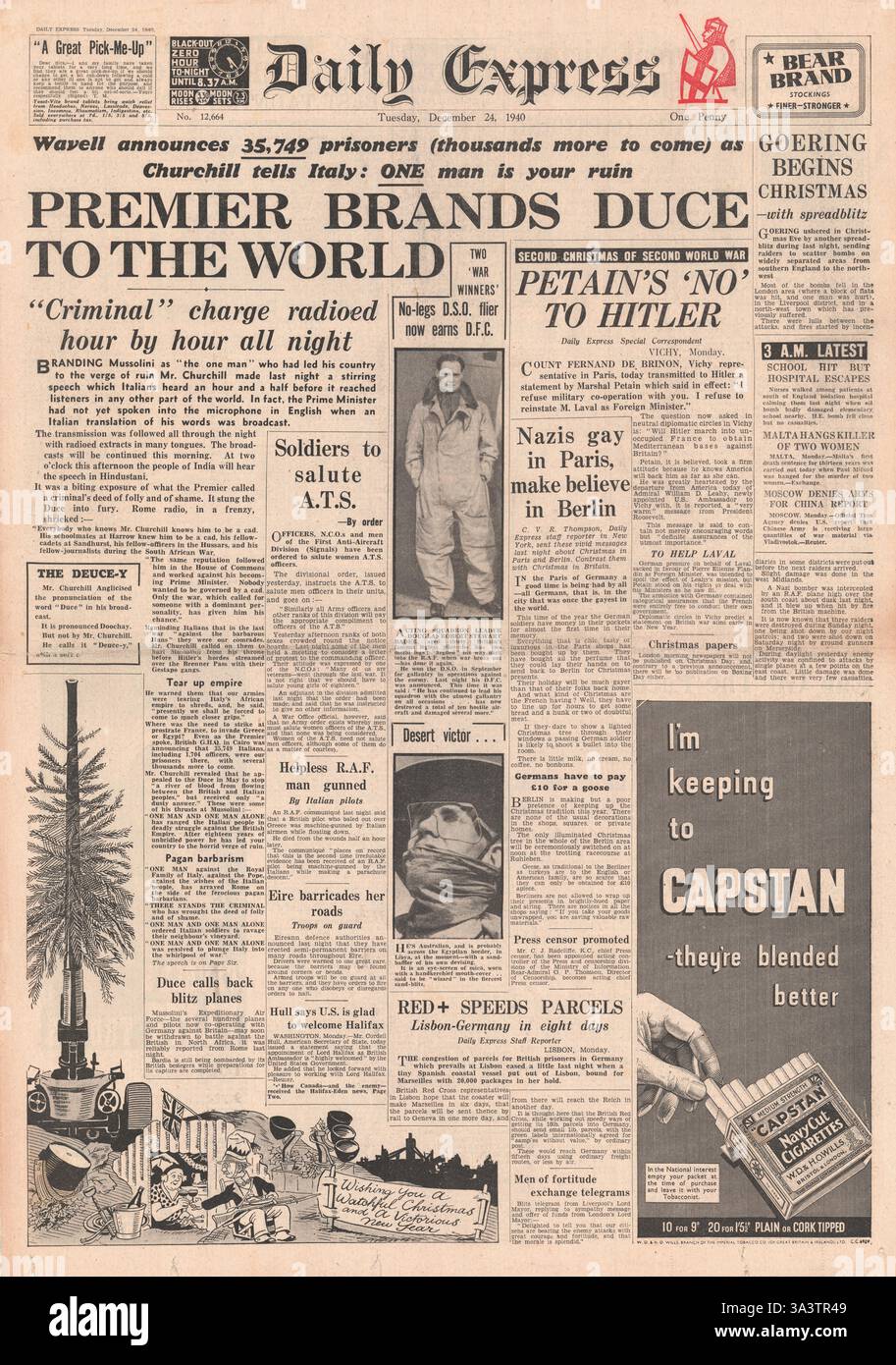 1940 première page Daily Express Churchill qualifie Mussolini de « criminel » et Petain refuse de coopérer avec Hitler Banque D'Images