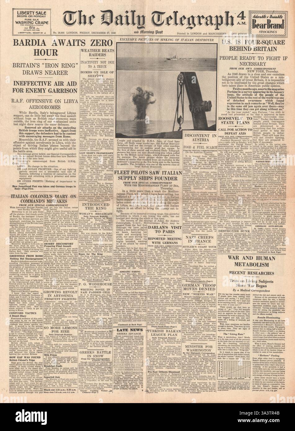 1940 front page Daily Telegraph forces britanniques près de Bardia sur Banque D'Images