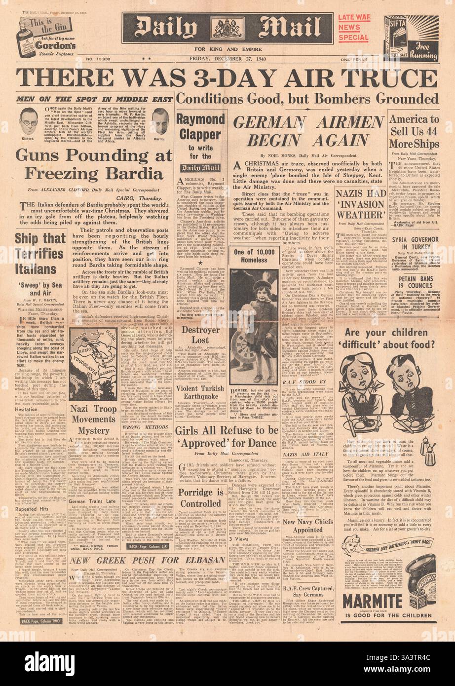 1940 première page Daily mail Air Trêve par la Grande-Bretagne et l'Allemagne Banque D'Images