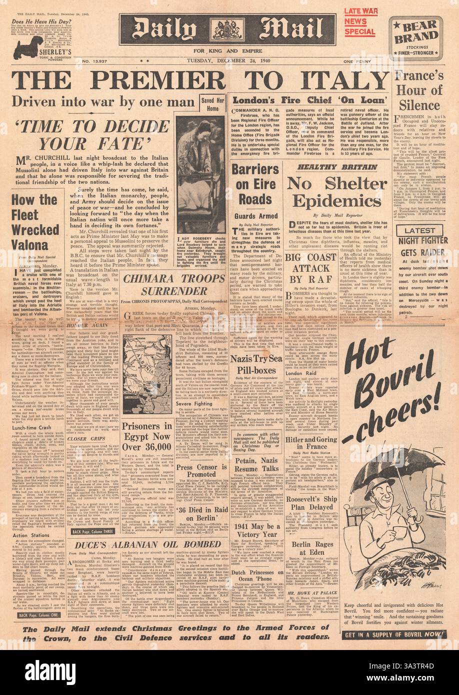 1940 front page Daily Mail Churchill demande à l'Italie de Mussolini l'oust Banque D'Images