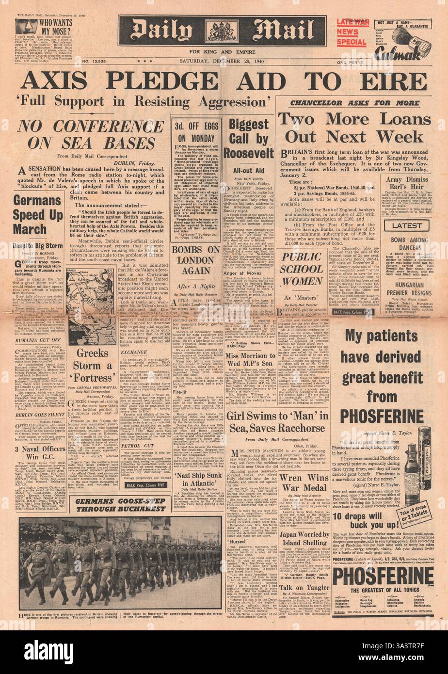 1940 front page Daily Mail de Valera discours en donnant un maximum de soutien de l'axe dans le cas d'hostilités britannico-irlandais Banque D'Images