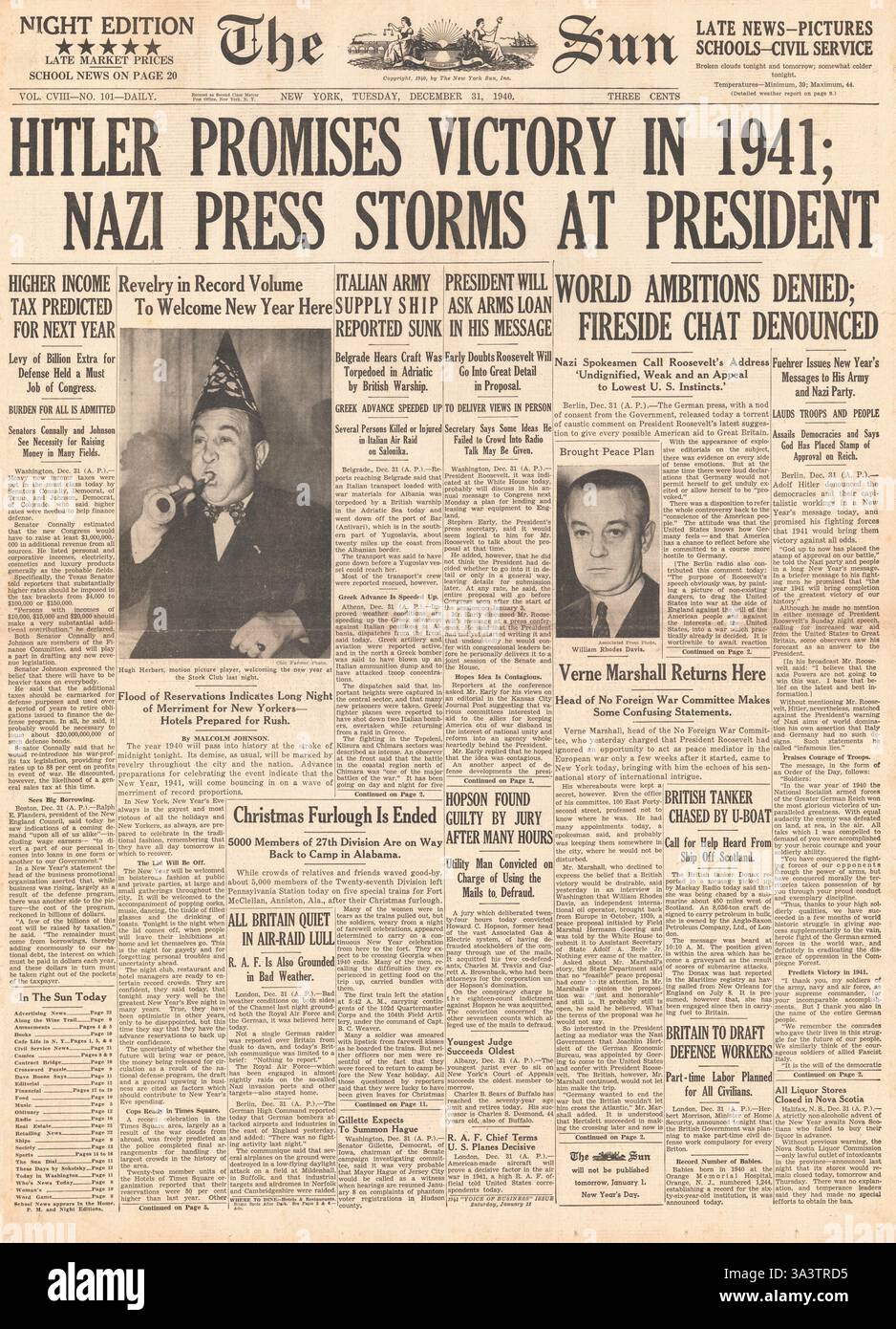 1940 première page The Sun (New York) Hitler promet la victoire en 1941 et la presse allemande critique le président Roosevelt Banque D'Images