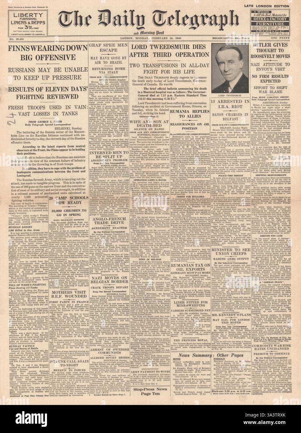 1940 première page Daily Telegraph bataille pour la Finlande et mort de Lord Tweedsmuir Banque D'Images