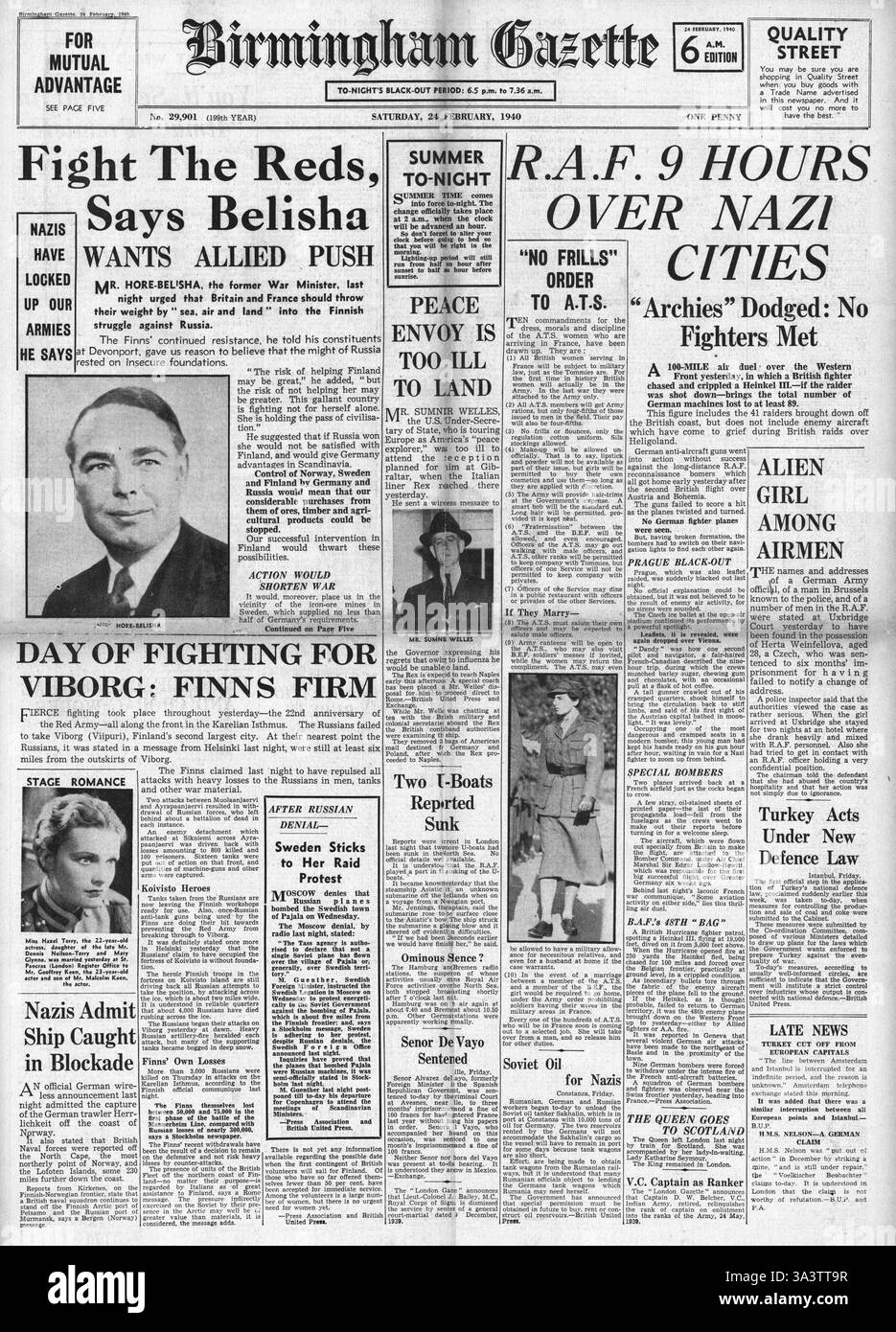 1940 première page Birmingham Gazette discours de M. Hore-Belisha la Grande-Bretagne devrait aider la Finlande et la RAF dans les raids sur l'Allemagne Banque D'Images
