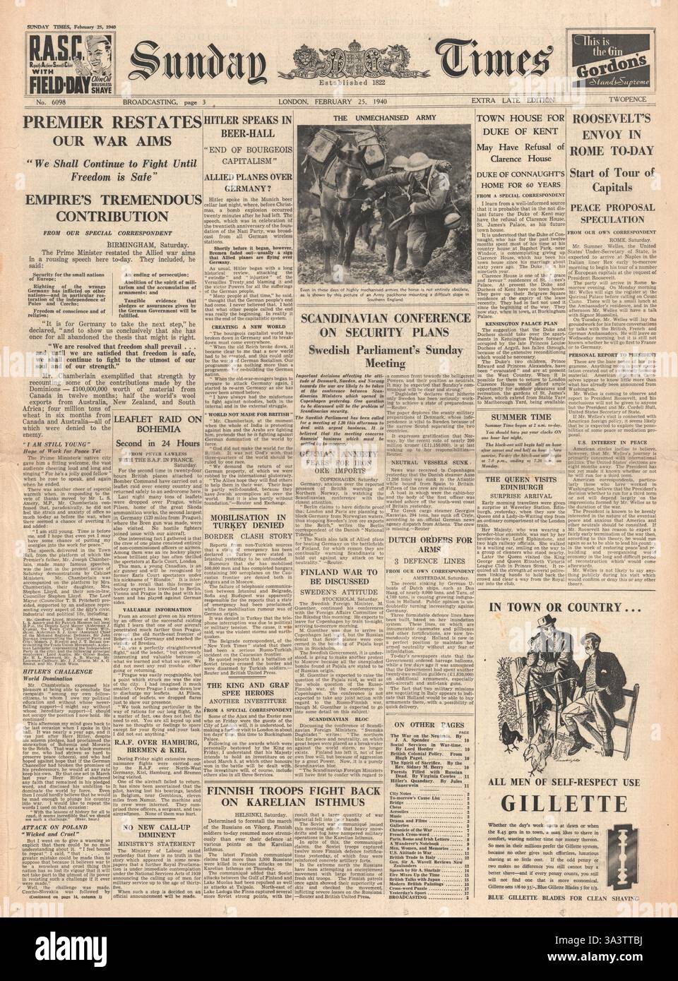 1940 front page Sunday Times Chamberlain's conditions de paix discours à Birmingham Banque D'Images