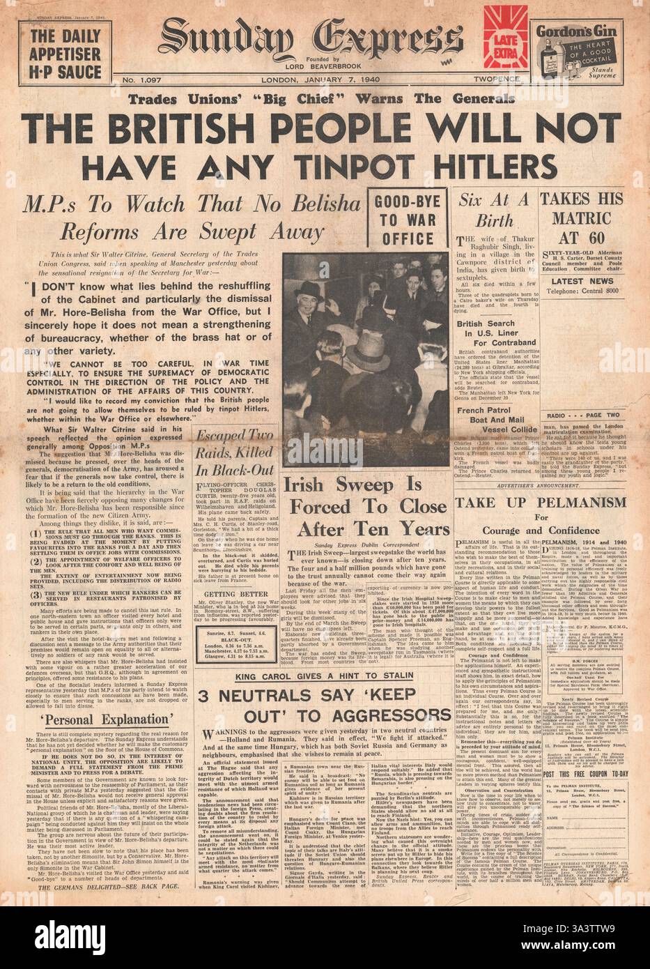 1940 Front Page Sunday Express TUC Chef Walter Citrine discours Banque D'Images