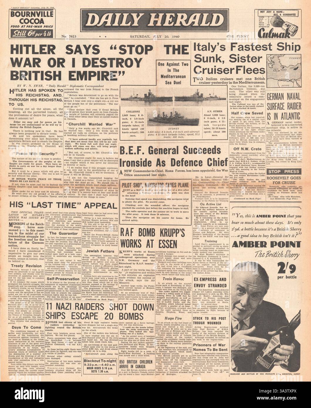 1940 première page le quotidien Herald Hitler appelle la Grande-Bretagne à arrêter la guerre dans le discours du Reichstag et le croiseur italien Bartolomeo Colleoni coulé par les HMAS Sydney, HMS Hyperion, HMS Ilex Banque D'Images