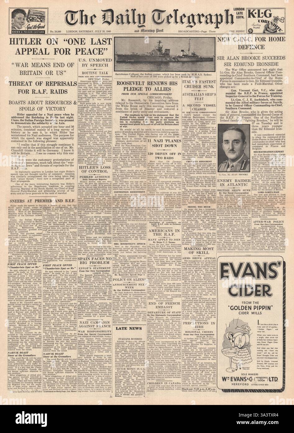 1940 première page du Daily Telegraph Hitler appelle la Grande-Bretagne à arrêter la guerre dans le discours du Reichstag et le croiseur italien Bartolomeo Colleoni coulé par les HMAS Sydney, HMS Hyperion, HMS Ilex Banque D'Images