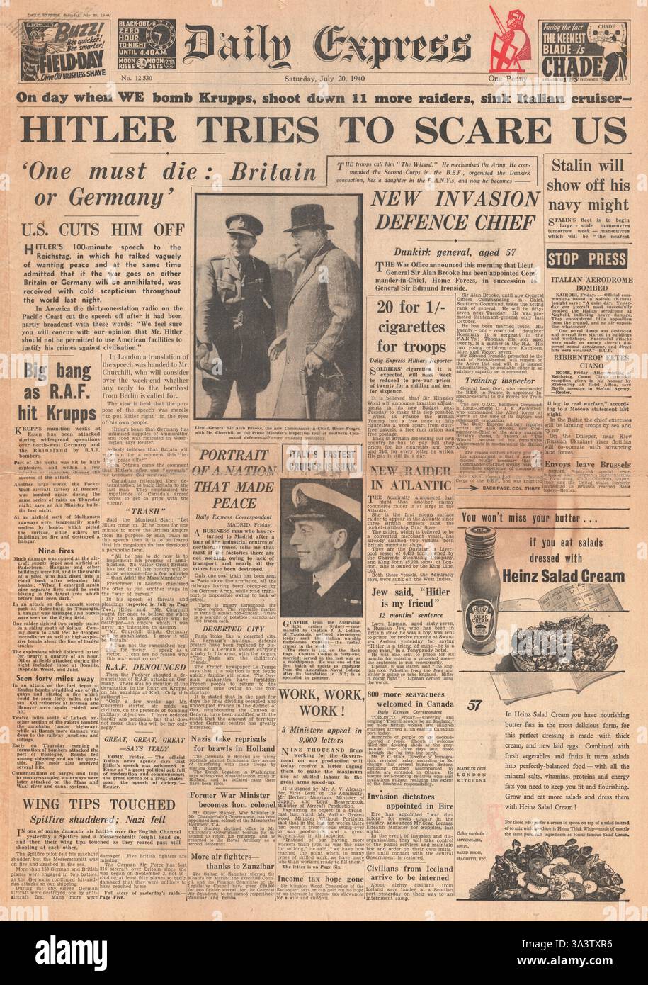 1940 première page du Daily Express Hitler appelle la Grande-Bretagne à arrêter la guerre dans le discours du Reichstag et le croiseur italien Bartolomeo Colleoni coulé par les HMAS Sydney, HMS Hyperion, HMS Ilex Banque D'Images