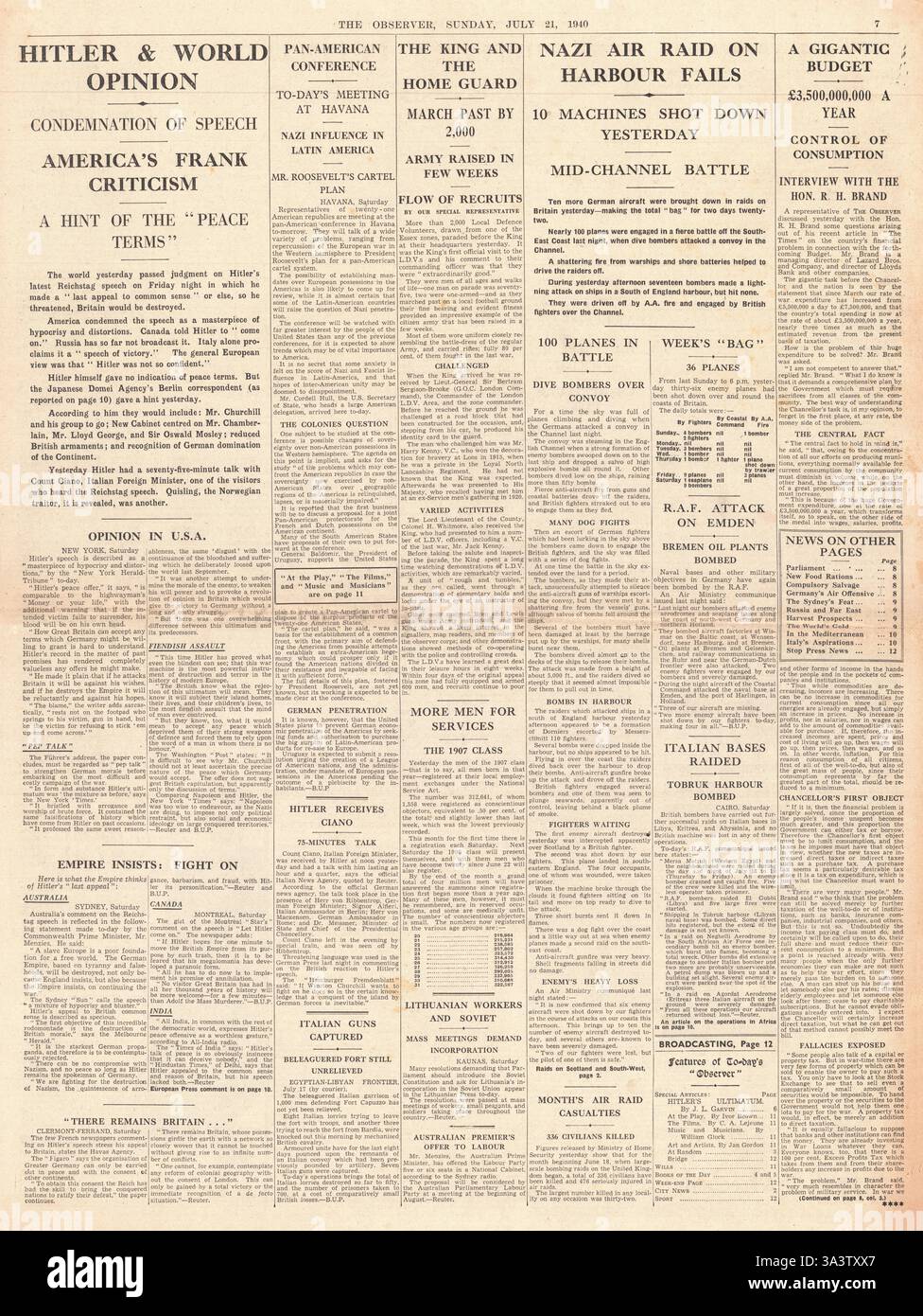 1940 page 7 L'Observateur Hitler et l'opinion mondiale sur la parole Banque D'Images