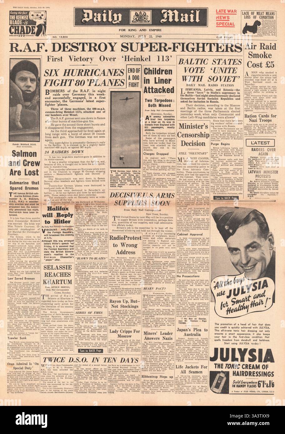 1940 première page Daily mail bataille de Grande-Bretagne et de Russie annexes les États baltes Lituanie et Estonie Banque D'Images