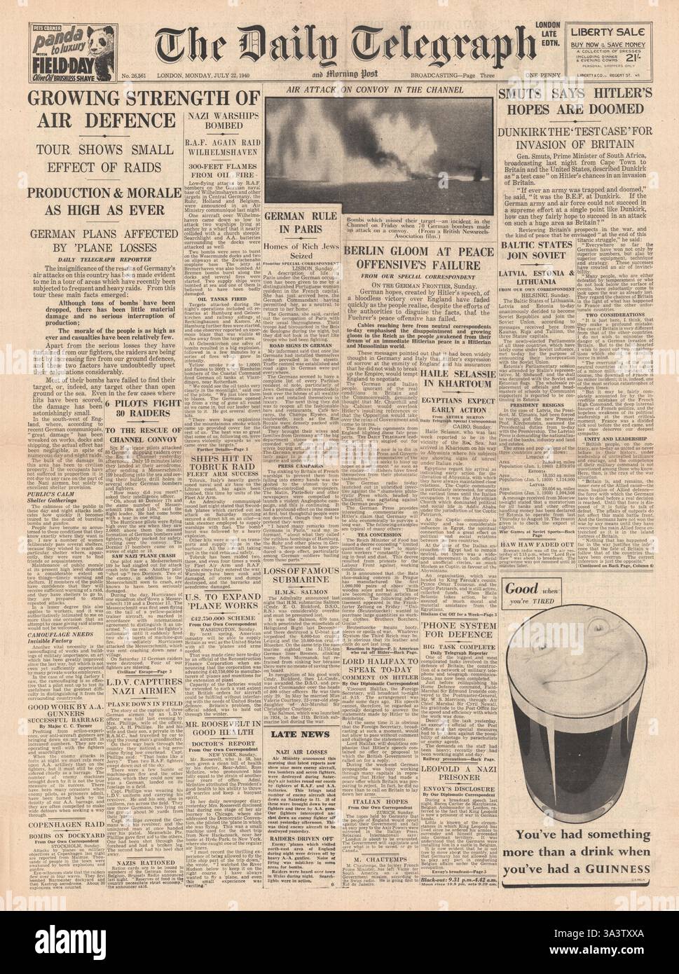 1940 première page Daily Telegraph bataille de Grande-Bretagne et de Russie annexes les États baltes Lituanie et Estonie Banque D'Images