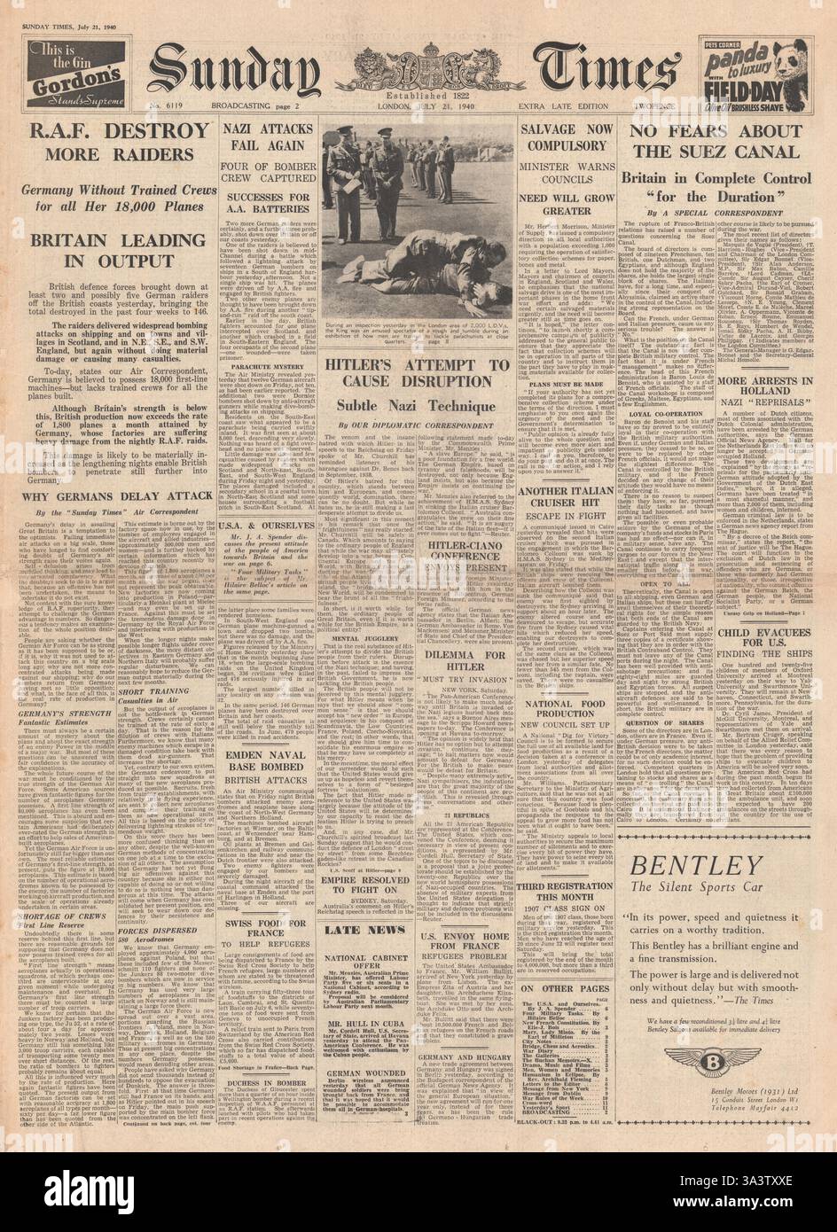 1940 première page Sunday Times Hitler et l'opinion mondiale sur la parole Banque D'Images