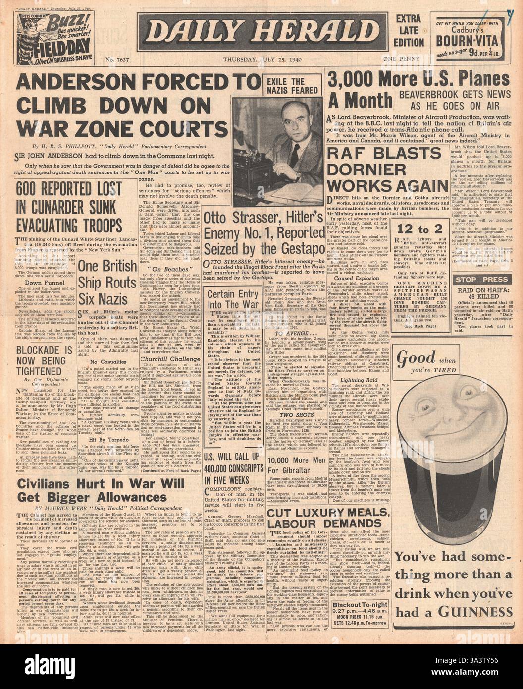 1940 front page Daily Herald Gouvernement descend sur Zone de guerre Tribunaux Banque D'Images