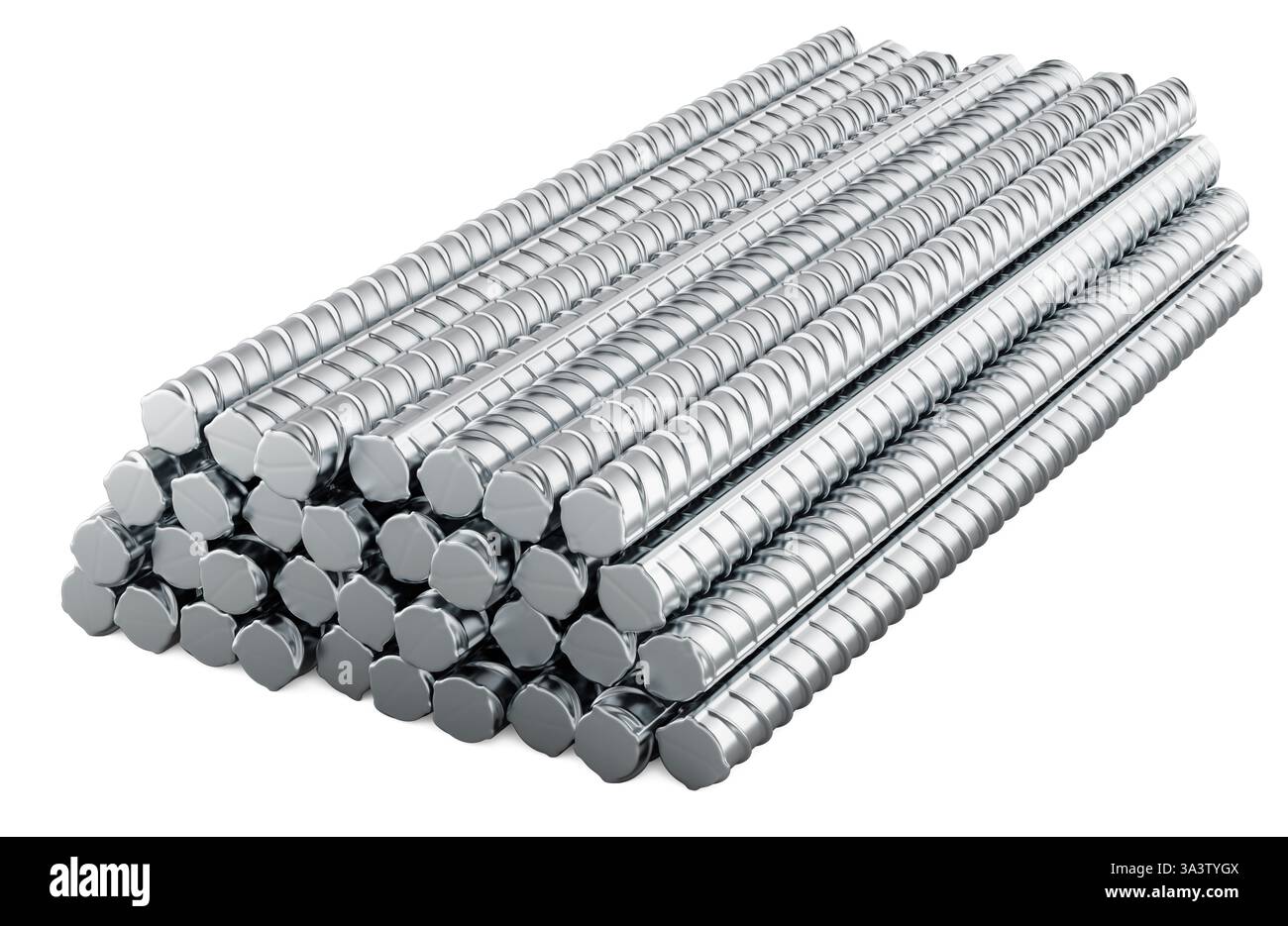 Pile de barres d'armature de construction, rendu 3D isolé sur fond blanc Banque D'Images