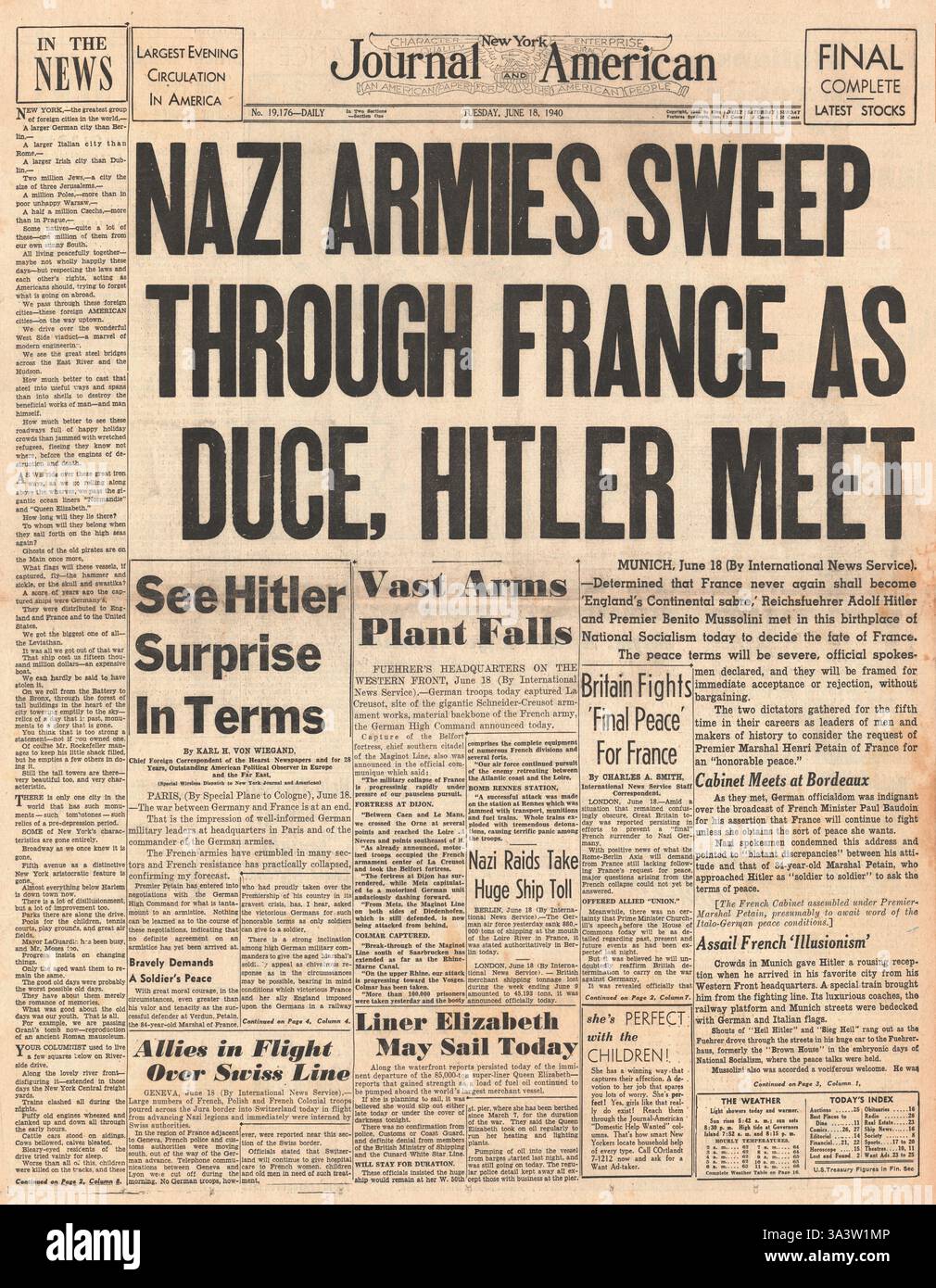 1940 première page New York Journal L'armée allemande américaine balaye la France et Hitler et Mussolini se rencontrent à Munich Banque D'Images