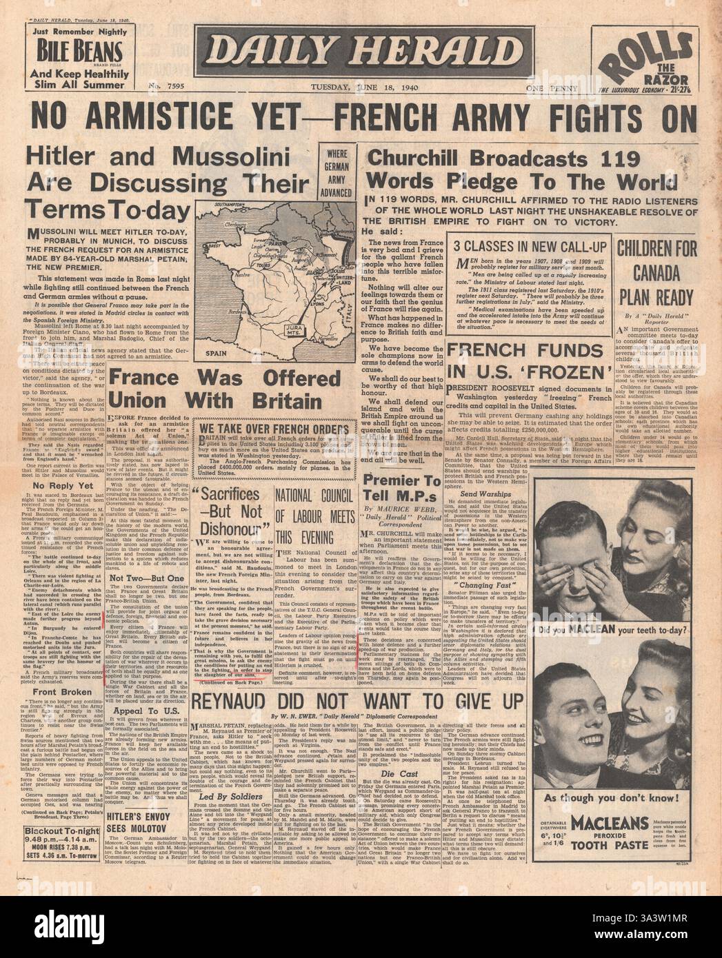 1940 front page Daily Herald Discours Churchill nous nous battrons sur invincible Banque D'Images