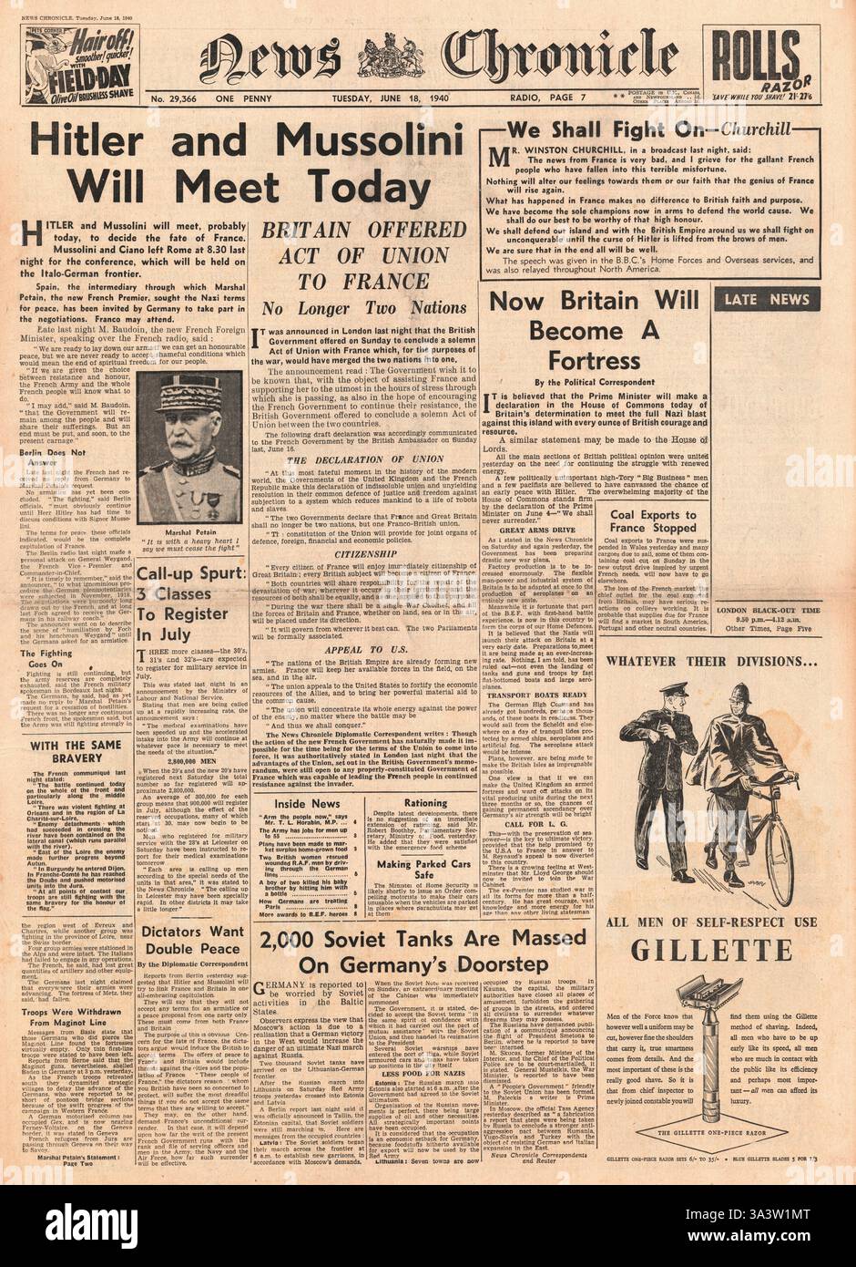 1940 première page Actualités chronique Hitler et Mussolini se rencontrent à Munich Banque D'Images