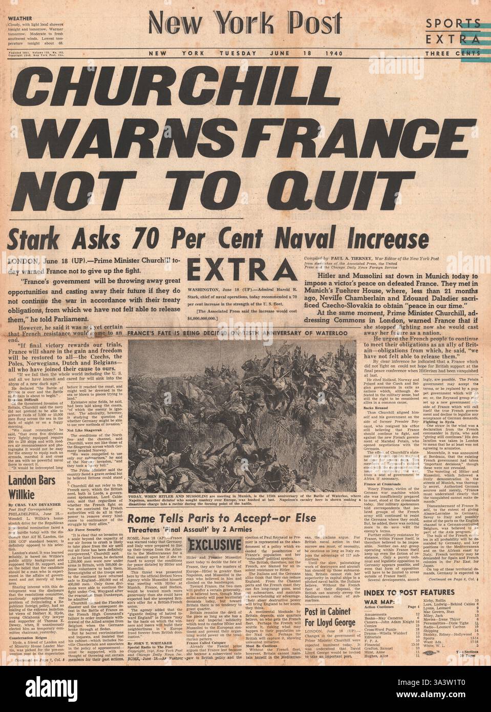 1940 front page New York Post Churchill met en garde la France de ne pas abandonner Banque D'Images