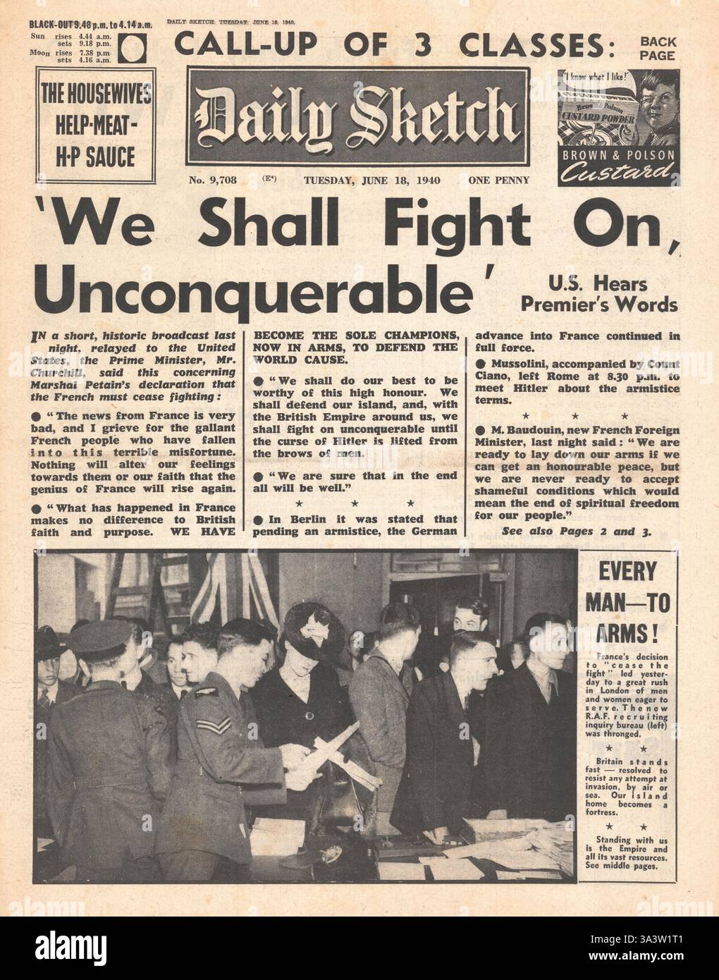 1940 front page Daily Sketch Le Premier ministre britannique Winston Churchill, discours "Nous nous battrons sur l' invincible Banque D'Images