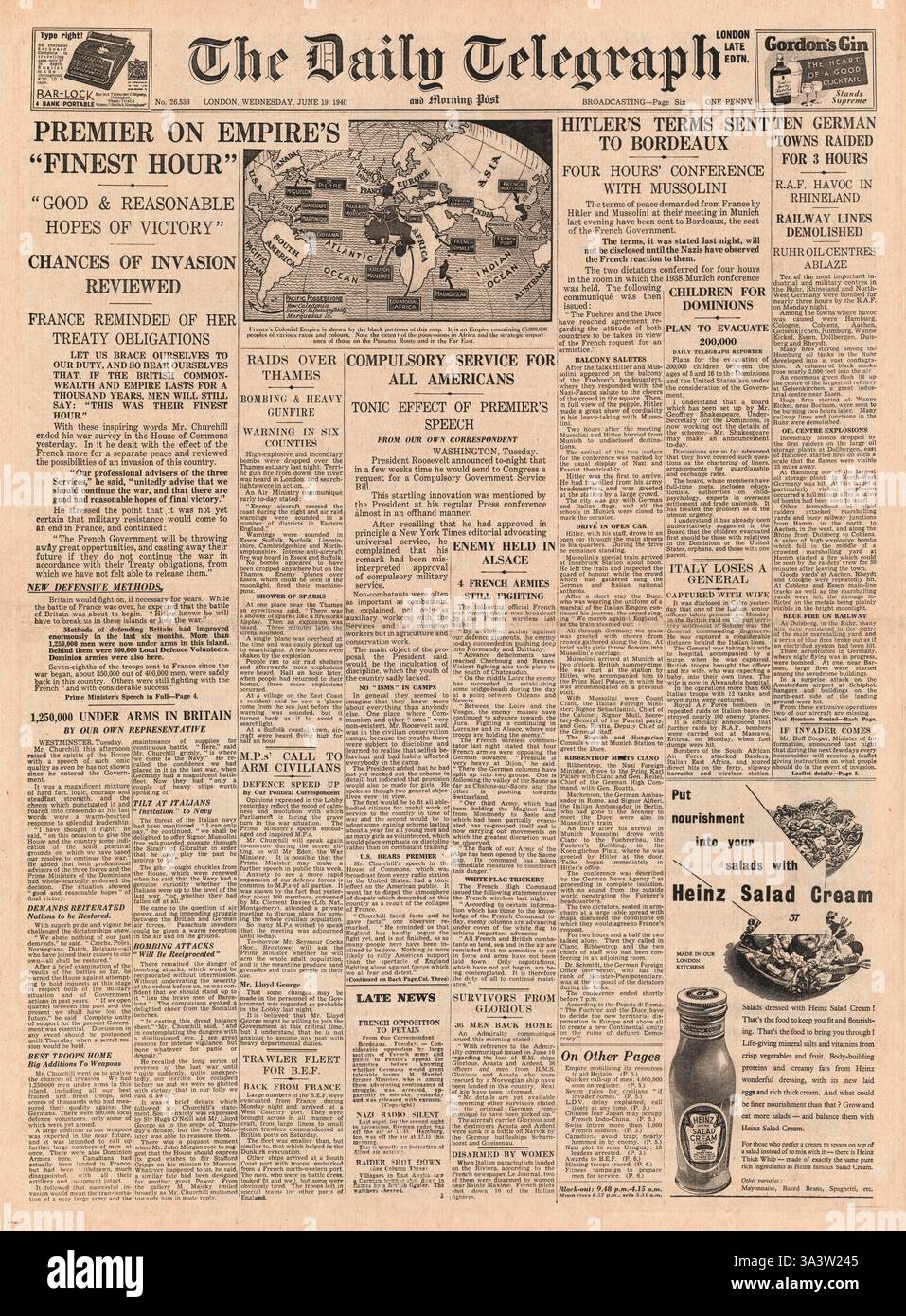 1940 front page Daily Telegraph "Churchill's Finest Hour' Discours Banque D'Images