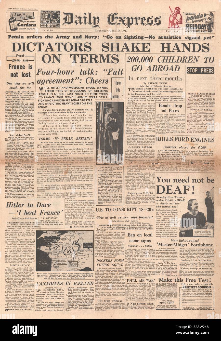 1940 première page Daily Express Daily Express Adolf Hitler et Benito Mussolini conviennent de conditions de paix avec la France Banque D'Images