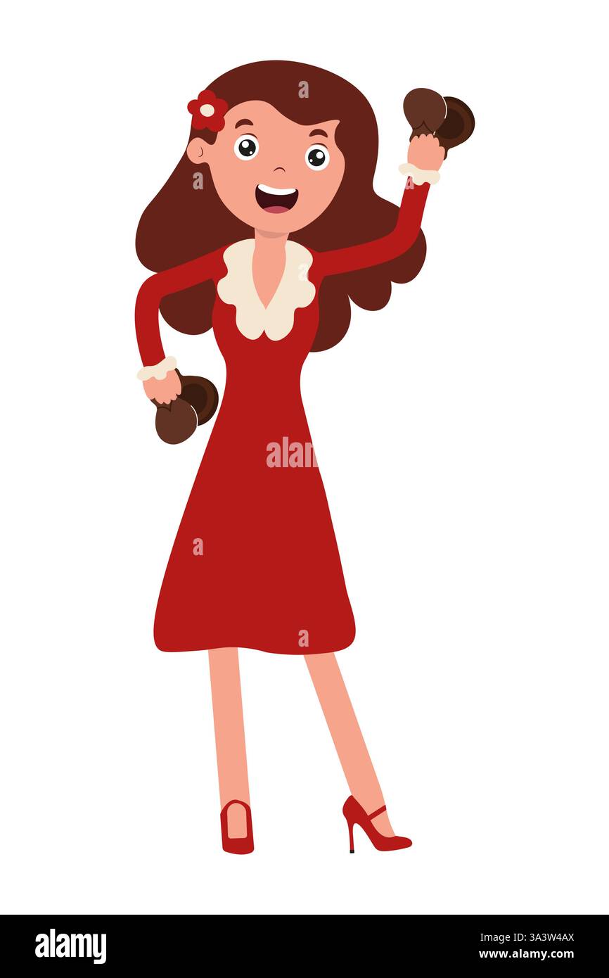 Femme en robe rouge soulevant fièrement des haltères tout en souriant dans une pose d'exercice joyeuse Illustration de Vecteur