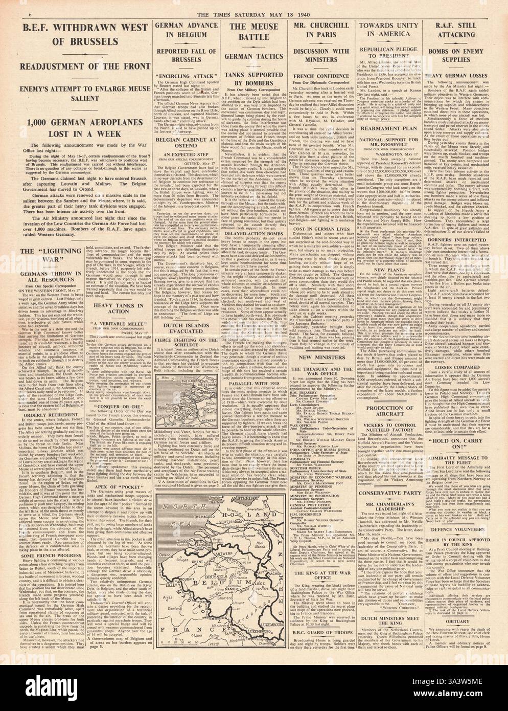 1940 page 6 les forces britanniques du Times se replient derrière Bruxelles, l'armée allemande marche et revendique Louvain et Malines Banque D'Images