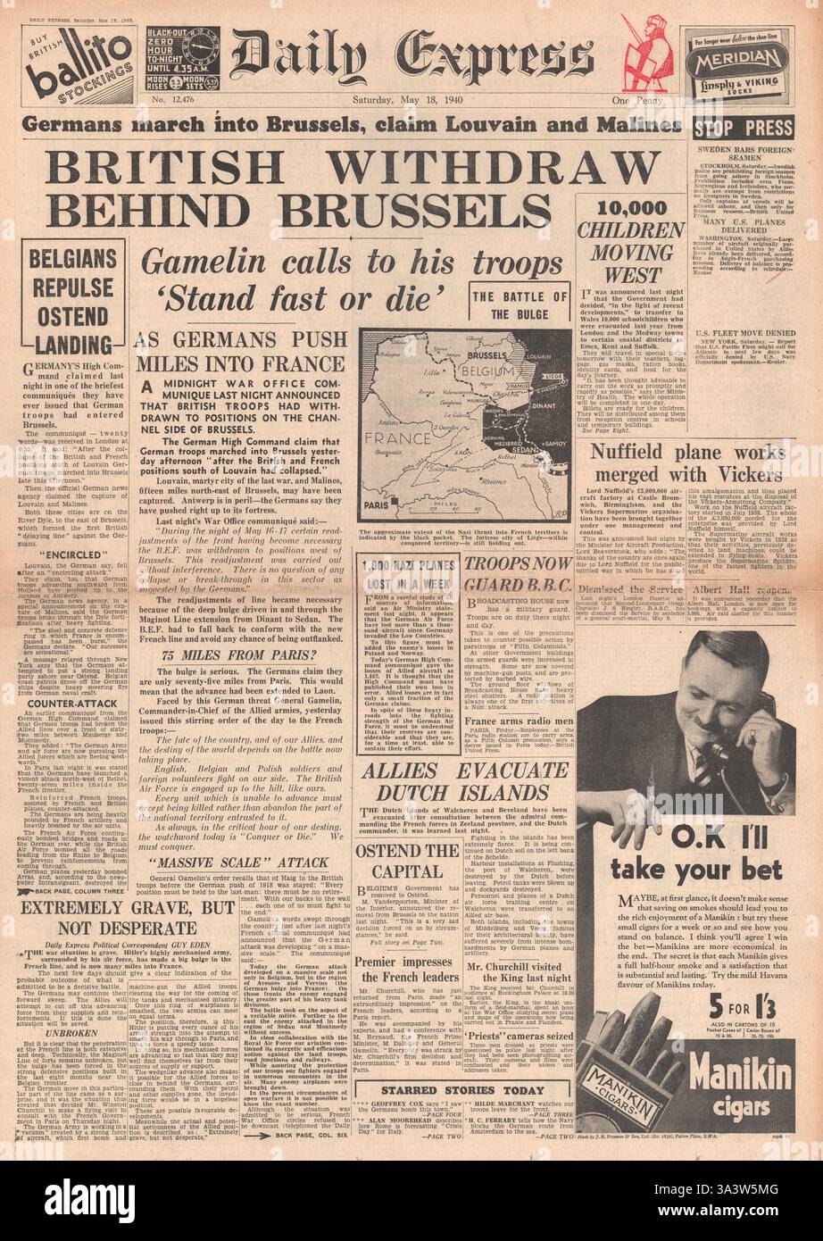 1940 première page Daily Express les forces britanniques se retirent derrière Bruxelles, l'armée allemande marchait et revendiquait Louvain et Malines Banque D'Images
