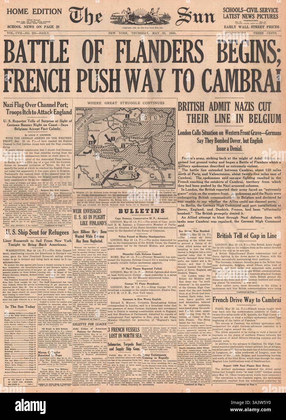 1940 première page le Soleil (New York) bataille de Flandre et poussée française à Cambrai Banque D'Images