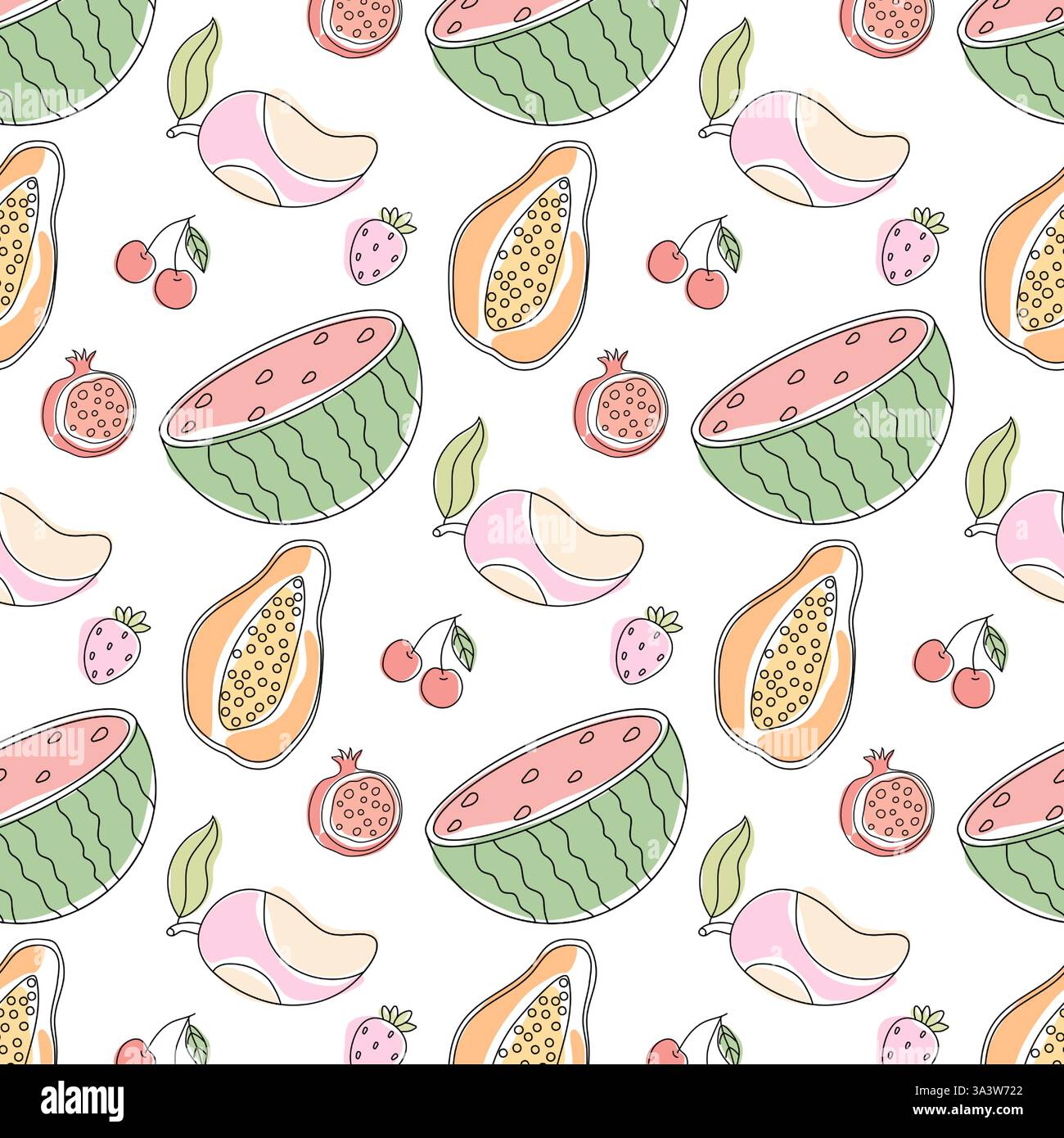 Motif de fruits coloré avec pastèques, papayes, cerises et grenades Illustration de Vecteur