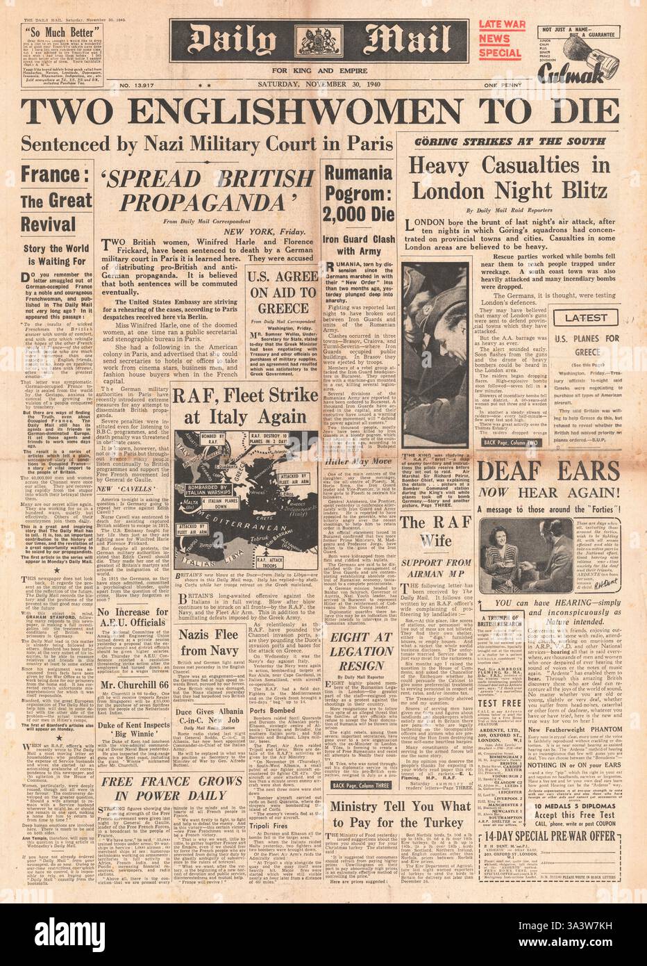 1940 première page Daily mail le tribunal militaire allemand à Paris condamne à mort les femmes britanniques Winnifred Harle et Florence Frickard pour espionnage Banque D'Images