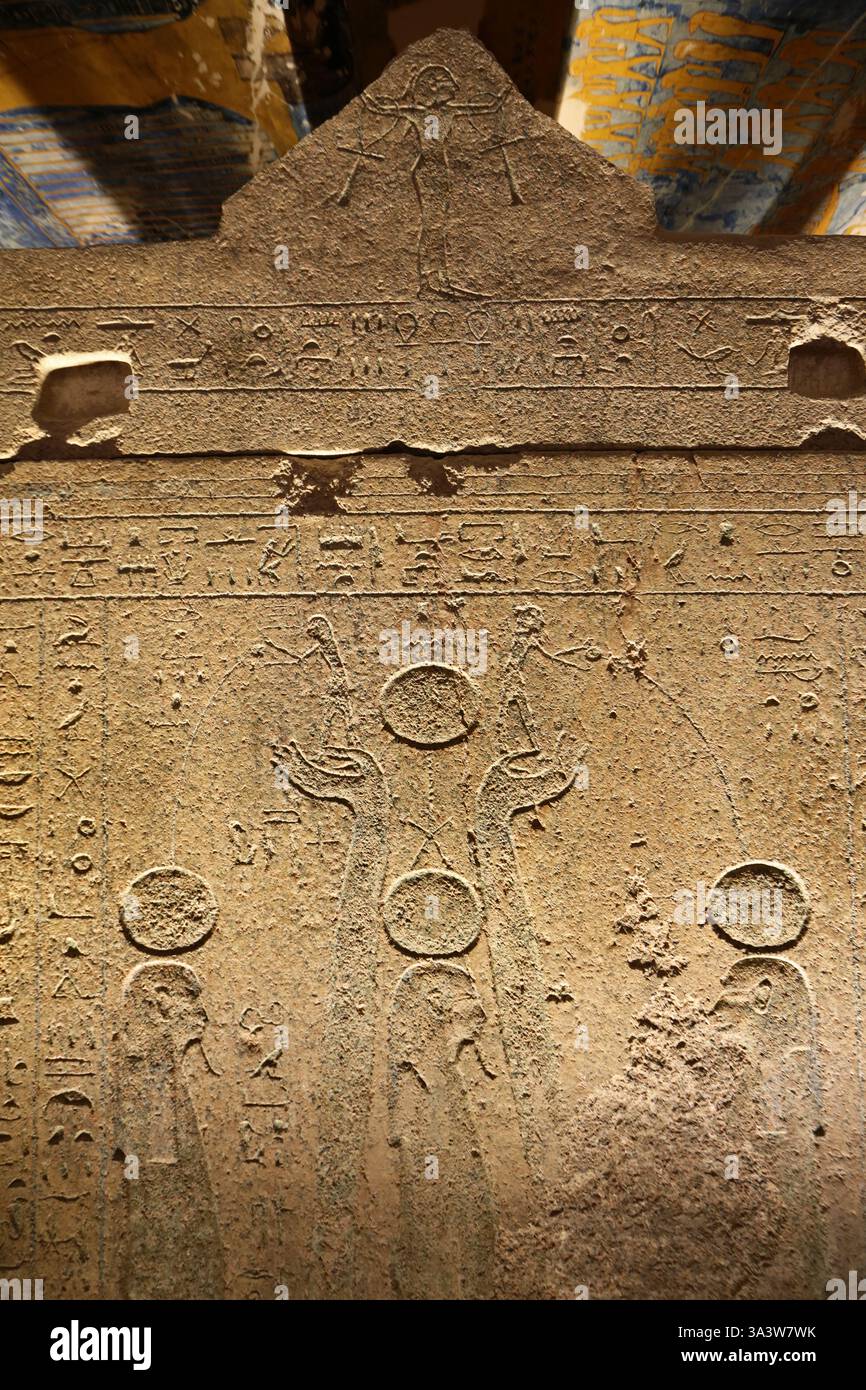 Reliefs de la chambre funéraire, au-dessus du sarcophage en KV 2 la tombe de Ramsès IV dans la vallée des Rois, Egypte Banque D'Images
