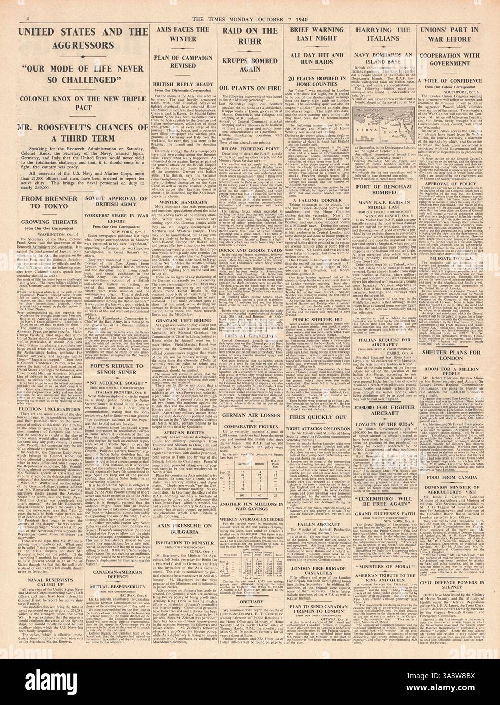 1940 page 4 le Times RAF lance des raids à travers l'Allemagne et le colonel Frank Knox prononce un discours sur la politique du gouvernement américain Banque D'Images