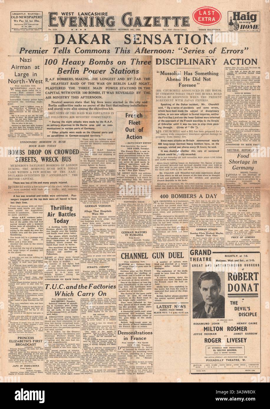 1940 front page Evening Gazette Churchill discours à Dakar Banque D'Images