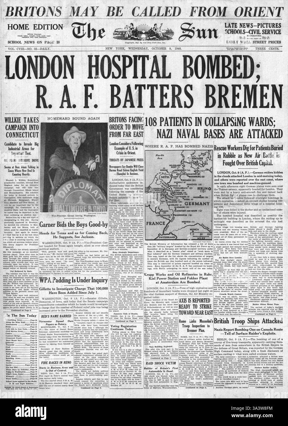 1940 première page le Sun (New York) London Hospital bombardé et la RAF Bomb Brême Banque D'Images