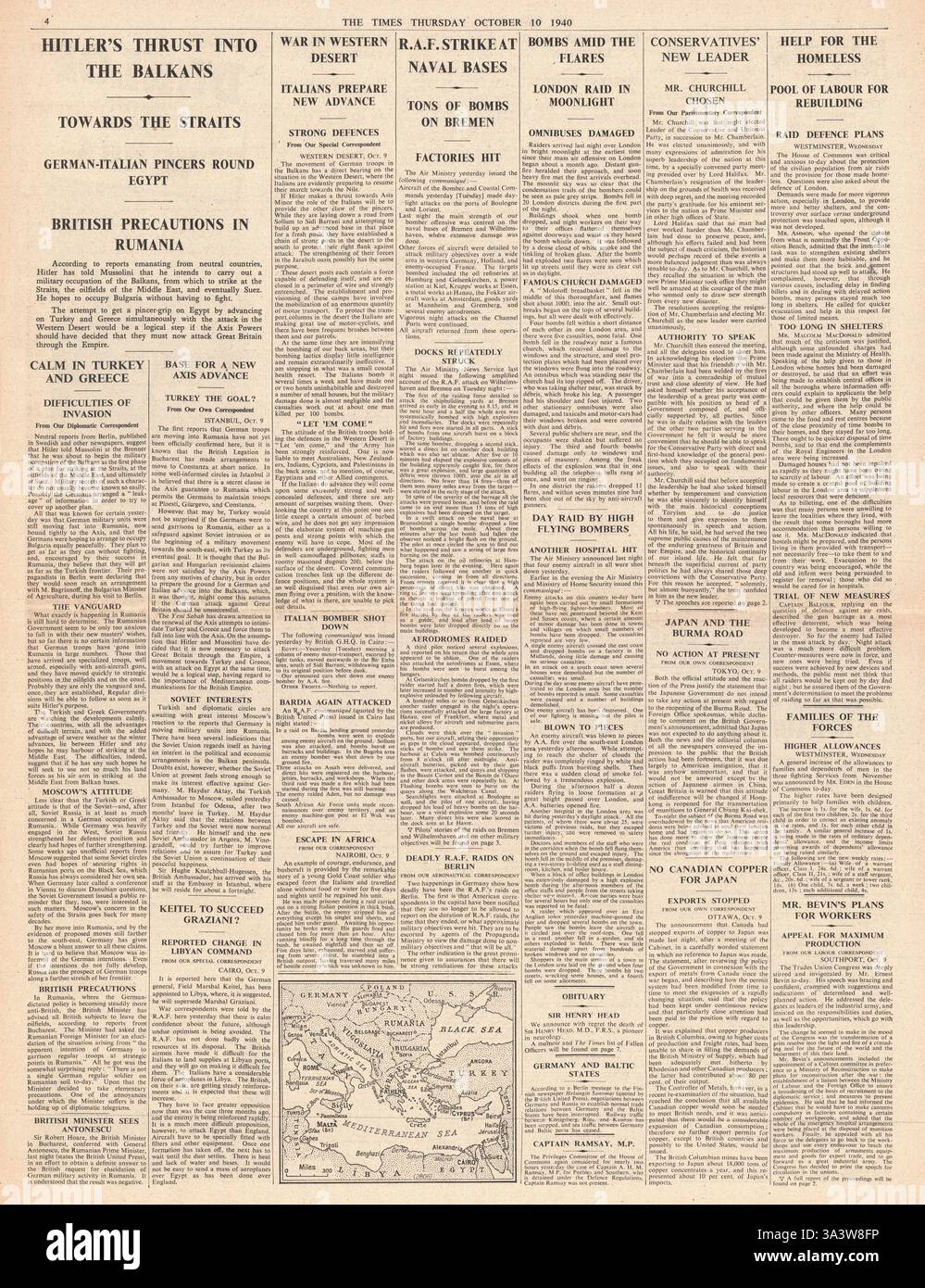 1940 page 4 la menace du Times Germany dans les Balkans et la RAF frappe les bases navales allemandes Banque D'Images