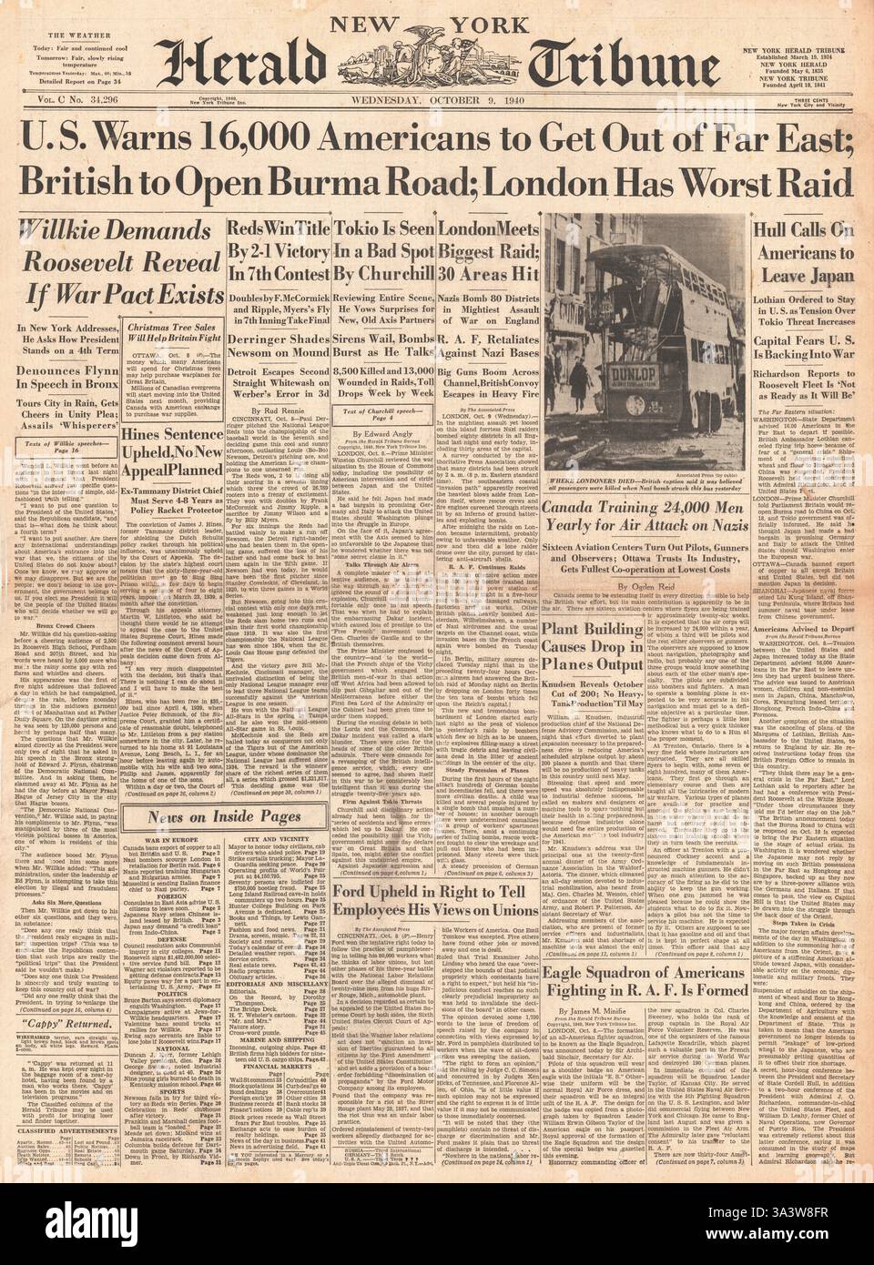 1940 front page New York Herald Tribune U.S. met en garde les Américains à quitter l'Extrême-Orient Banque D'Images