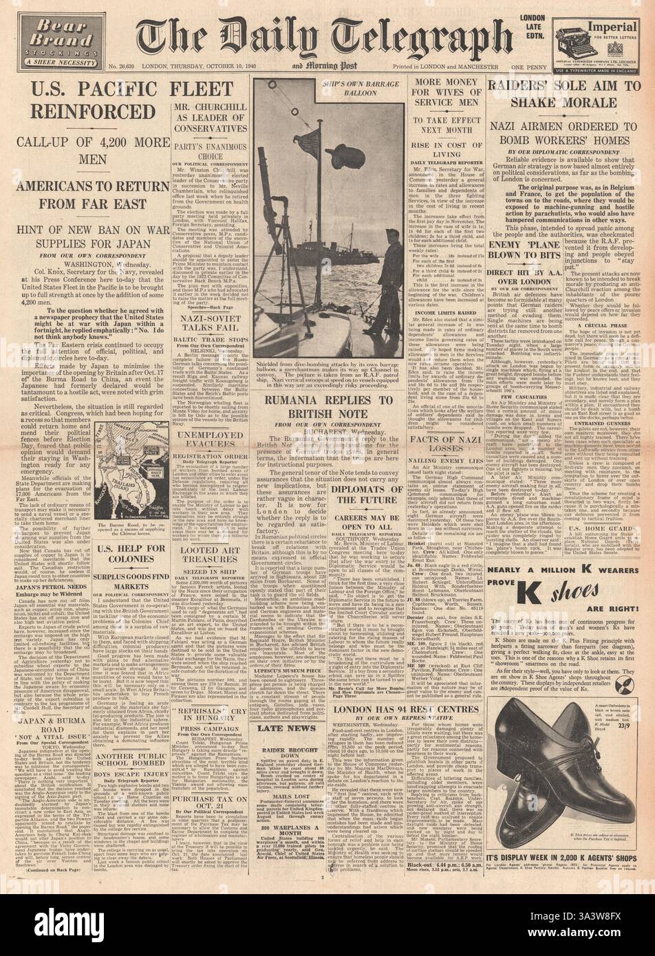1940 front page Daily Telegraph US renforce la flotte du Pacifique Banque D'Images