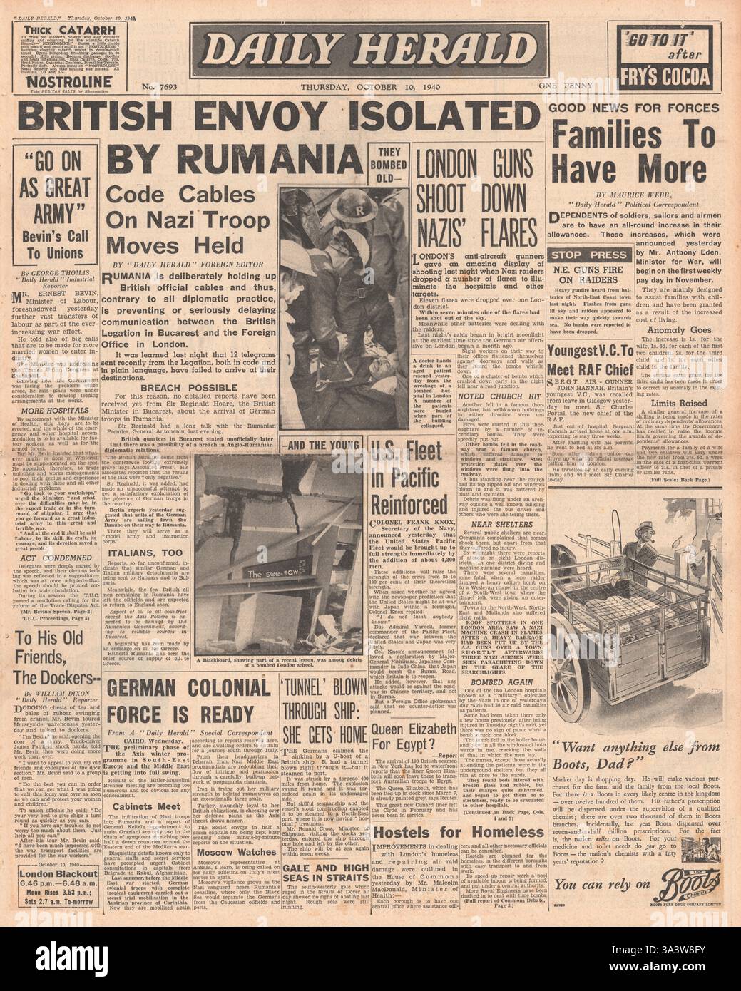 1940 front page Daily Herald envoyé britannique isolé par la Roumanie Banque D'Images